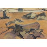 AN UNFRAMED MOUNTED MIXED MEDIA ON PAPER OF A ROCKY BEACH SCENE IN THE STYLE OF HENRY MOORE