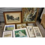 A QUANTITY OF ASSORTED PICTURES AND PRINTS TO INCLUDE WATERCOLOURS, THREE JAPANESE WOODBLOCK TYPE