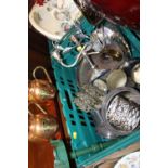 A TRAY OF METALWARE TO INCLUDE SILVER PLATED GOBLETS, BRASS LETTER RACK ETC. (PLASTIC TRAY NOT