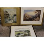 THREE FRAMED AND GLAZED WATERCOLOURS COMPRISING OF A ROCKY LANDSCAPE WITH BUILDINGS, A COUNTRY RIVER