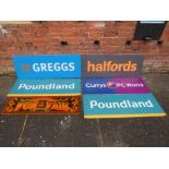 FIVE PERSPEX SHOP ADVERTISING SIGNS TO INCLUDE POUNDLAND AND GREGGS, REPRODUCTION FUN FAIR SIGN (6)