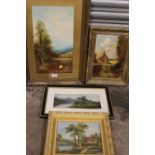 AN ANTIQUE GILT FRAMED AND GLAZED OIL ON BOARD OF A COUNTRY LANDSCAPE WITH COTTAGE, TOGETHER WITH