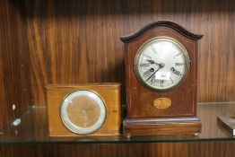 AN EDWARDIAN INLAID MAHOGANY MANTEL CLOCK TOGETHER WITH A RETRO EXAMPLE