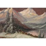 A FRAMED VINTAGE OIL ON CANVAS OF A MOUNTAIN LAKE SCENE WITH COTTAGES SIGNED WILLIS LOWER LEFT -