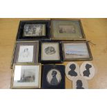 TWO BOXES OF ANTIQUE FRAMED PRINTS ETC. TO INCLUDE SILHOUETTE MINIATURES ETC.