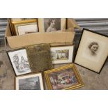 A BOX OF ASSORTED PRINTS ETC. TO INCLUDE A BRASS WALL HANGING OF THE LORDS PRAYER, SIGNED PORTRAIT