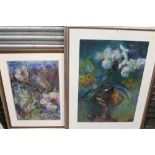 A LARGE MODERN FRAMED AND GLAZED ABSTRACT STILL LIFE OIL PAINTING BY JOHN WEST (BIRMINGHAM