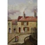 A PAIR OF FRAMED OILS ON PANEL DEPICTING STREET SCENES WITH FIGURES SIGNED TH MUTTLINGS ? - 21 X