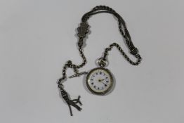 A LADIES VICTORIAN SILVER WATCH AND SILVER ALBERTINA WATCH CHAIN