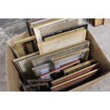 A BOX OF VINTAGE PICTURE FRAMES AND PRINTS ETC.
