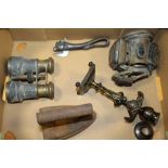 A BOX OF COLLECTABLES TO INCLUDE A VINTAGE BIKE LAMP, BRONZE EFFECT CANDLE STICK ETC.