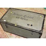 A VINTAGE HAND PAINTED METAL BANDED WOODEN CHEST MARKED ROBERT - TISSOT 60TH RIFLES WIDTH - 84CM