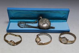 A MODERN FULL HUNTER POCKET WATCH ON CHAIN - MINUS GLASS, TOGETHER WITH THREE VINTAGE LADIES