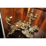 A COLLECTION OF BRASS AND BRASS EFFECT SCONCES AND CANDELABRA