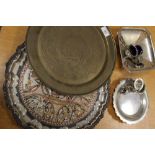 A SILVER PLATED TRAY WITH EGYPTIAN DECORATION, TOGETHER WITH AN EASTERN TRAY AND A SELECTION OF