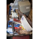 A BOX OF SUNDRIES TO INCLUDE ALDIS PROJECTOR, CARVED WOODEN BOOK SLIDE WITH DAMAGES, ETC.