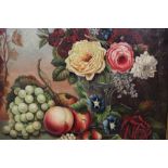 AN ANTIQUE OIL ON CANVAS STILL LIFE STUDY OF FRUIT AND FLOWERS INDISTINCTLY SIGNED AND DATED LOWER