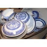 A TRAY OF BLUE AND WHITE CHINA TO INCLUDE ROYAL COPENHAGEN PLATES