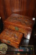 TWO ORIENTAL CARVED HARD WOOD JEWELLERY BOXES