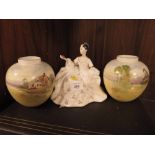 A PAIR OF ROYAL DOULTON VASES DECORATED WITH COTTAGE SCENES, TOGETHER WITH A ROYAL DOULTON FIGURE '