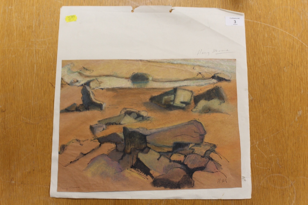 AN UNFRAMED MOUNTED MIXED MEDIA ON PAPER OF A ROCKY BEACH SCENE IN THE STYLE OF HENRY MOORE - Image 4 of 5
