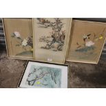 THREE FRAMED AND GLAZED ORIENTAL WATERCOLOURS ON SILK, TOGETHER WITH A SIMILAR PRINT (4)