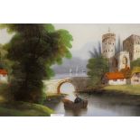 A ANTIQUE REVERSE PAINTING ON GLASS OF A RIVER SCENE IN SATINWOOD VENEER FRAME - 28 X 60 CM