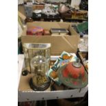 TWO TRAYS OF WOODEN, FABRIC AND CARDBOARD BOXES, A DOME COVERED CLOCK, BRASS AND GLASS CABINET,