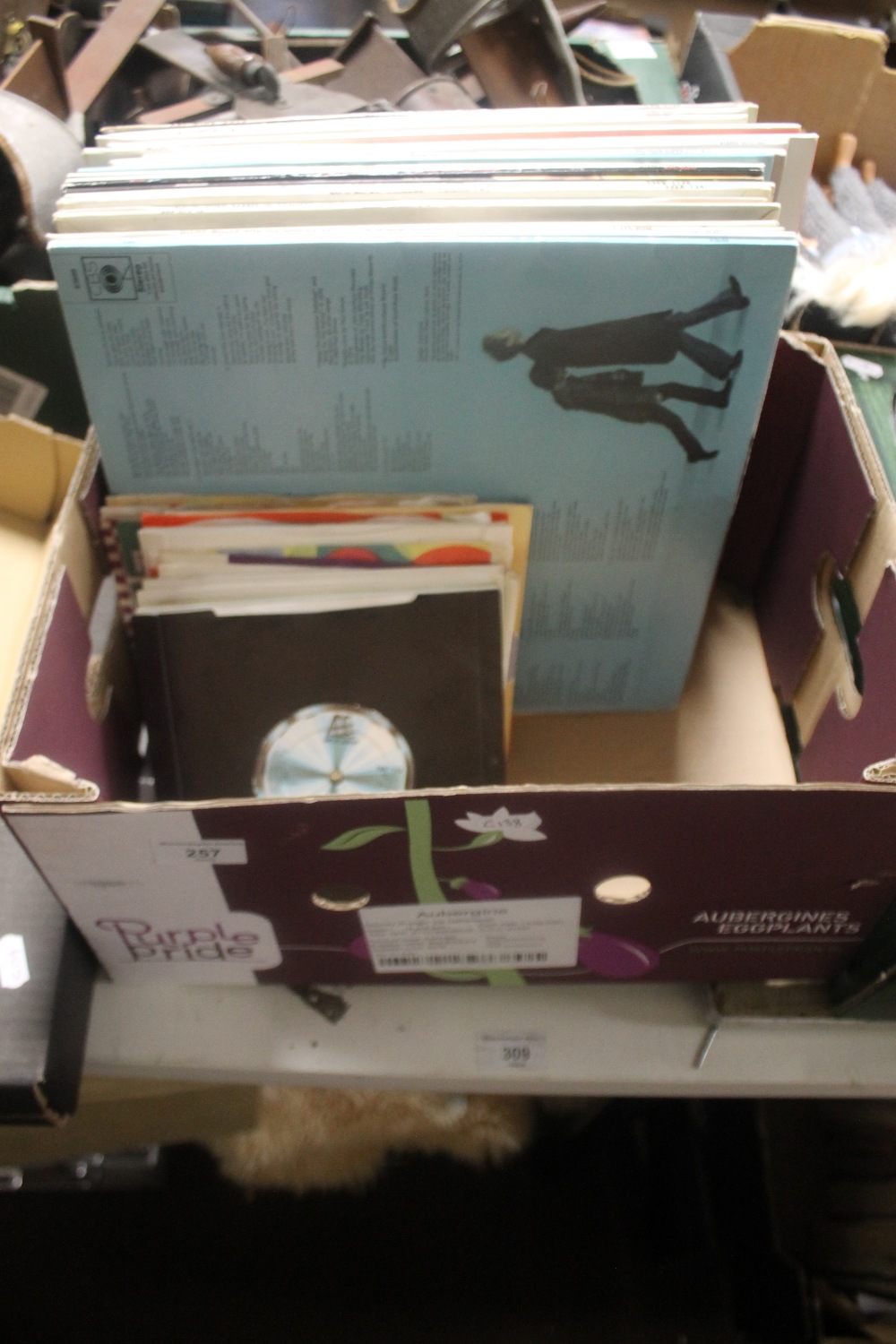 A BOX OF LP AND SINGLES RECORDS (ABOUT 30 LPS - SIMON & GARFUNKLE, JOHN DENVER ETC. AND APPROX.