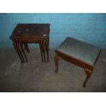 A WOODEN MAHOGANY NEST OF THREE TABLES AND A QUEEN ANNE STYLE STORAGE DRESSING STOOL