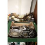 TWO TRAYS OF METALWARE ETC TO INCLUDE PEWTER, A BAROMETER ETC.