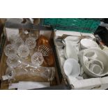 A TRAY OF GLASS TO INCLUDE EDINBURGH CRYSTAL AND A TRAY OF WHITE CERAMICS ETC. (TRAYS NOT INCLUDED)