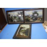 THREE ANTIQUE REVERSE PAINTED GLASS PICTURES OF RURAL SCENES