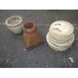 GARDEN ITEMS TO INCLUDE A CONCRETE PLANTER, A TERRACOTTA CHIMNEY POT AND EIGHT STEPPING STONES