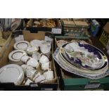 TWO TRAYS OF CHINA TO INCLUDE PART ROYAL DOULTON TEA SET, ORIENTAL WALL PLATES, MEAT PLATES ETC. (