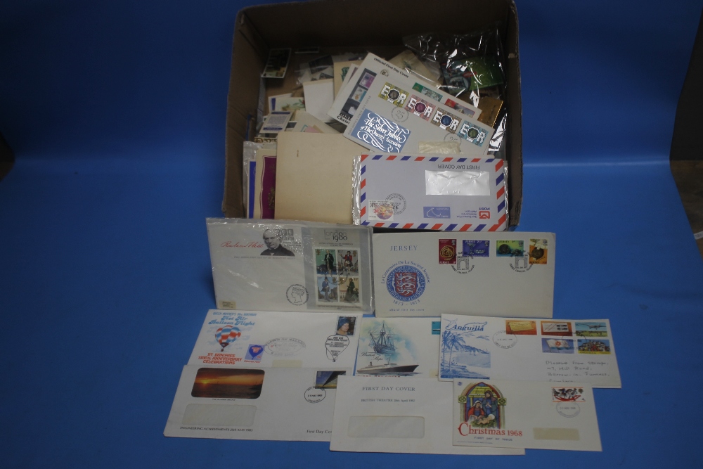 A BOX OF FIRST DAY COVERS, TEA CARDS ETC.