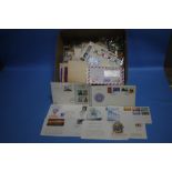 A BOX OF FIRST DAY COVERS, TEA CARDS ETC.