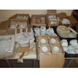 A LARGE COLLECTION OF WHITE FOOD SERVING ITEMS TO INCLUDE PLATES, TEAPOTS, CUPS & BOWLS