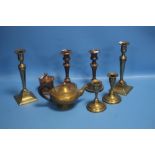 A QUANTITY OF ASSORTED CANDLESTICKS TOGETHER WITH AN ALADDIN'S LAMP ETC.