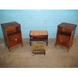 TWO WALNUT BEDSIDE CUPBOARDS AND TWO STOOLS