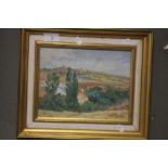 JAMES V HORTON PAINTING ON BOARD TITLED "A VILA IN SPAIN 34.5 CM X 29 CM INCLUDING FRAME