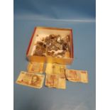A BOX OF COINS, BANKNOTES, JEWELLERY ETC