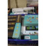 TWO TRAYS OF NEW SEALED JIGSAWS (ALL THE SAME) AND BOXED SETS OF GAMES (CHESS, DRAUGHTS ETC)