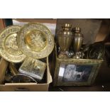 A CHEST AND A BOX OF BRASS AND PLATED ITEMS TO INCLUDE CHARGERS, CANDLESTICKS, TOAST RACKS, VASES