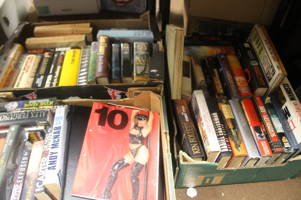 THREE TRAYS OF BOOKS MAINLY NOVELS TOGETHER WITH A QUANTITY OF 'TEMPTATIONS' MAGAZINES (TRAYS NOT