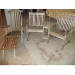 A WOODEN GARDEN LOVE SEAT AND A GARDEN RECLINER CHAIR