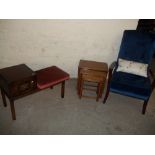 A FIRESIDE CHAIR, AN OAK NEST OF THREE TABLES AND A TELEPHONE MEDIA SEAT (3)