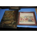 A 'DEON DE BEAUMONT / DE ST GEORGE' FRAMED PRINT TOGETHER WITH A CLASSICAL STYLE PAINTING A/F (2)