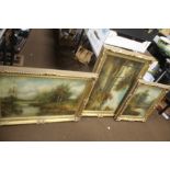 THREE ANTIQUE OILS ON CANVAS OF RURAL SCENES IN LATER GILT FRAMES