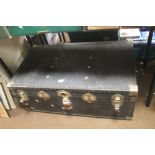 A LARGE TRAVEL TRUNK 90 CM X 50 CM DEEP X 36 CM TALL